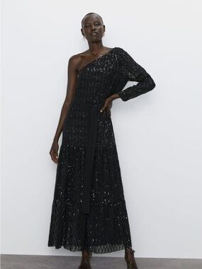 Zara Black One-Shoulder Sequin Maxi Dress